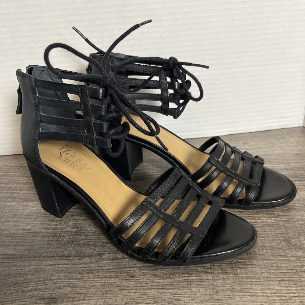 Franco Sarto Henrika Strappy Heels Size 5.5 Black Leather Back Zip Ankle Lace Up